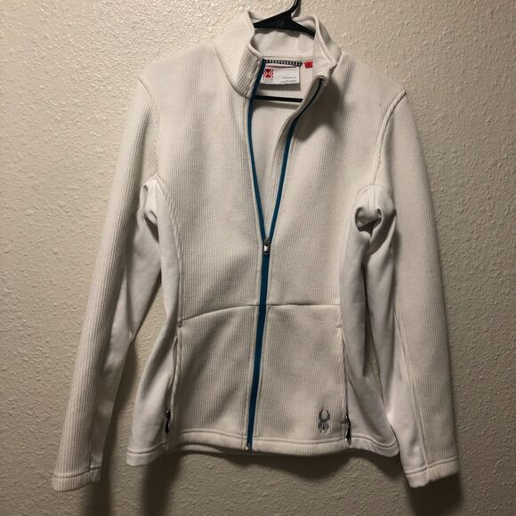 spyder jacket large core white women's sweater knit full zip fitted blue g1 - Picture 1 of 13